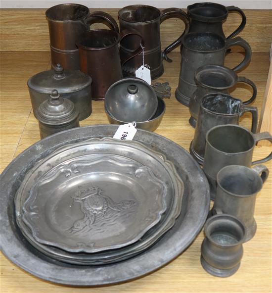 A collection of 19th century pewter, plated tankards etc Charger 18cm diameter